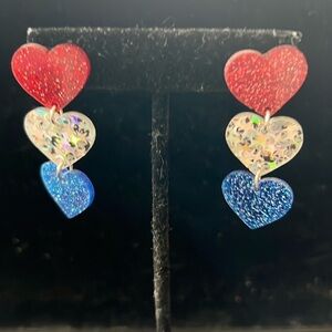 ACRYLIC RED WHITE & BLUE DANGLE HEART EARRINGS